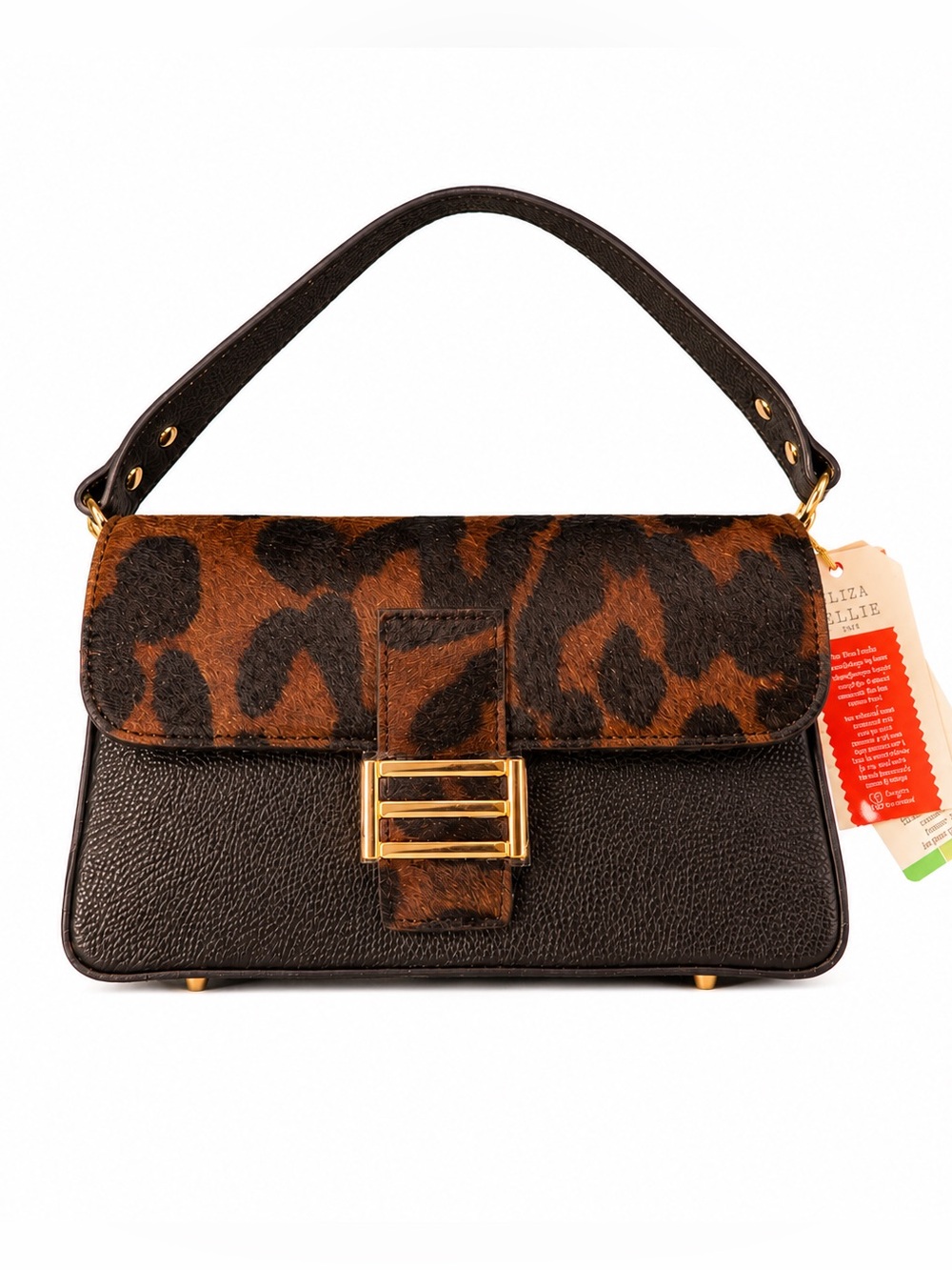 Divina Firenze Calf Hair Leather Leopard Print Baguette Flap Shoulder Bag NWT
